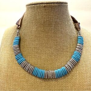 NWT Ali-Khan New York Necklace - turquoise & silver beads w/ rhinestones, ribbon